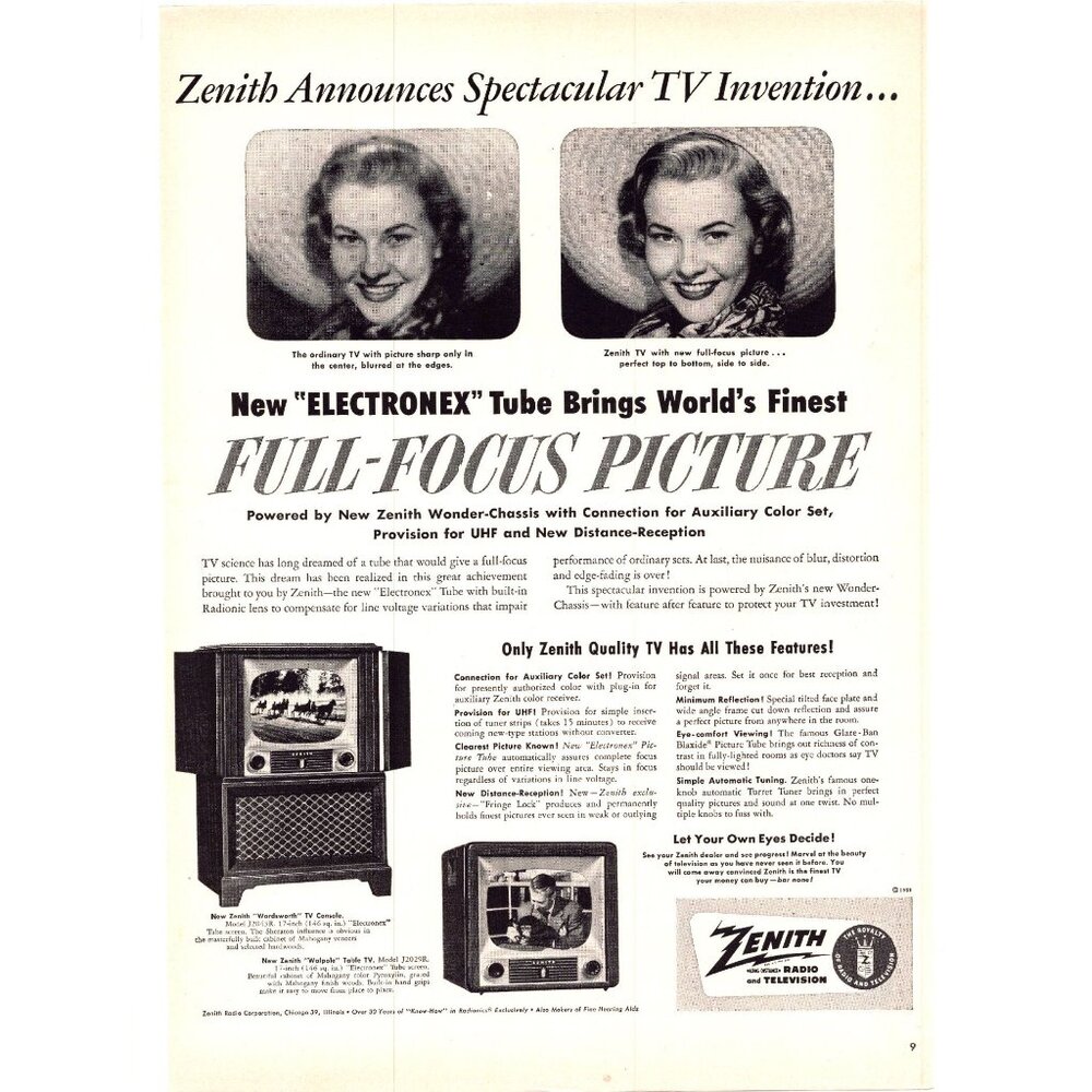 1951 Zenith Wordsworth Console TV Television Vintage Print Ad 50s Wall Art